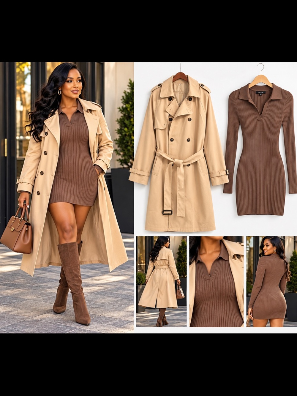Love Tree Beige Trench Coat with Brown Ribbed Mini Dress